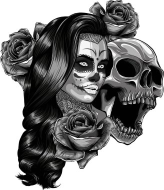 illustration of couple skull with roses clipart