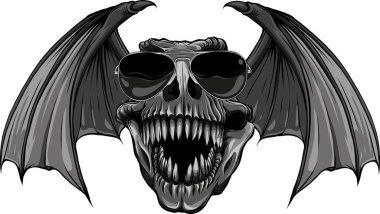 Yarasa kanatları ve güneş gözlükleriyle dinozor kafatası taşıyıcısı