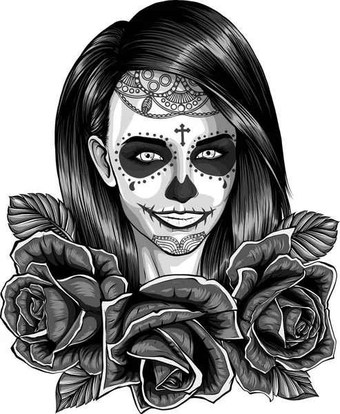 Illustration Skull Woman Roses — Stock Vector