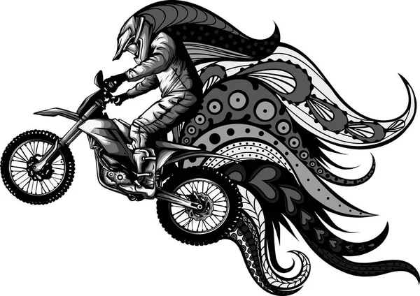 Иллюстрация Мотокросса Всадника Мандаловыми Орнаментами — стоковый вектор