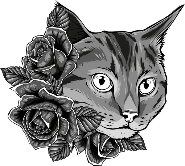 Macskafej Illusztrációja Rózsákkal — Stock Vector