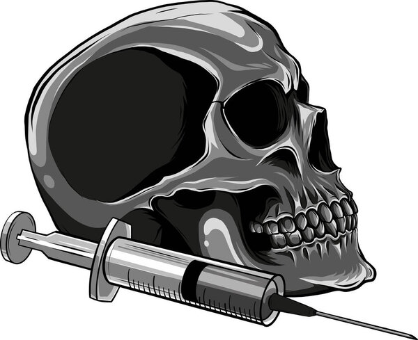 illustration of syringe with skull on white background