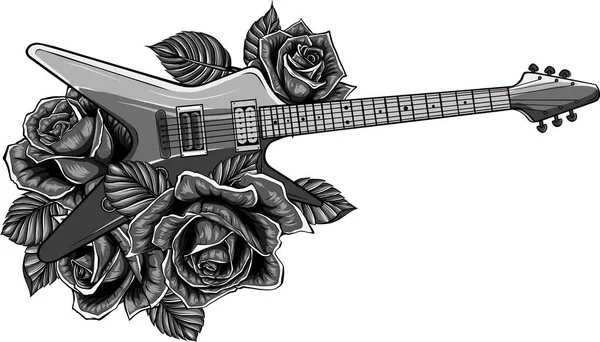 Guitarra Eléctrica Con Rosas Aisladas Sobre Fondo Blanco — Archivo Imágenes Vectoriales