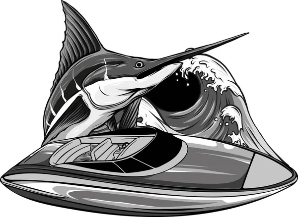 Ilustração Lancha Com Marlin Fish — Vetor de Stock