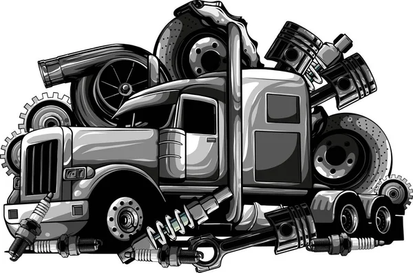 Ilustração Semi Caminhão Com Parte Sobre Fundo Branco — Vetor de Stock