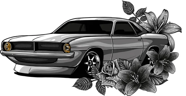 Ilustração Carro Muscular Com Decoração Flor — Vetor de Stock
