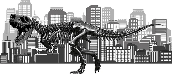 Ilustración Esqueleto Tiranosaurio Ciudad Fondo — Vector de stock