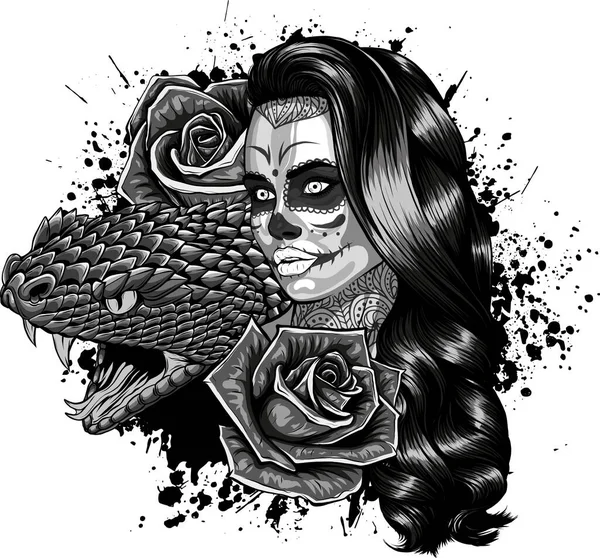 Illustration Crâne Sucre Fille Avec Des Roses Fleurs Serpent — Image vectorielle