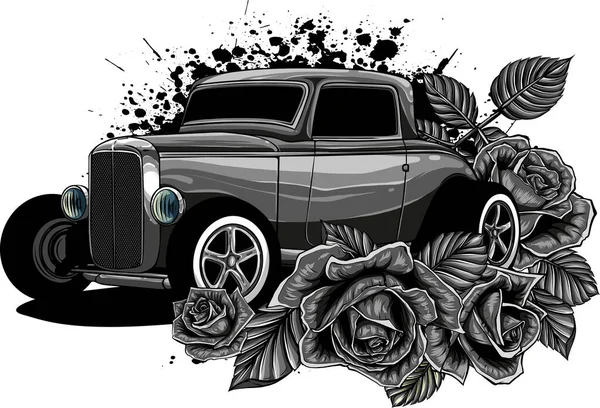Illustration Hot Rod Car Roses — Stock Vector