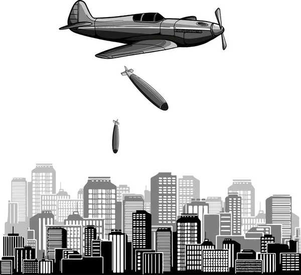 Illustratie Van Bommenwerper Vliegtuig Stad — Stockvector