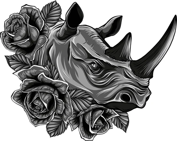 Ilustración Cabeza Rinoceronte Con Rosas — Vector de stock