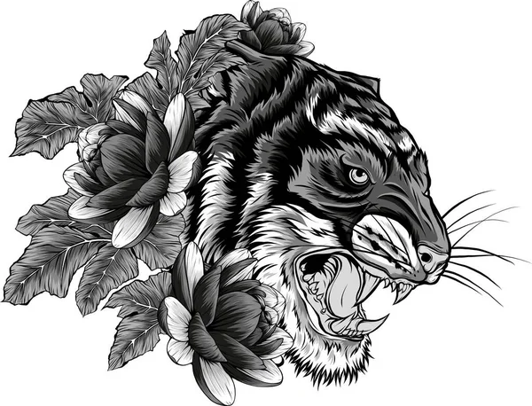 Ilustração Tigre Cabeça Rugido Com Flor Lótus — Vetor de Stock