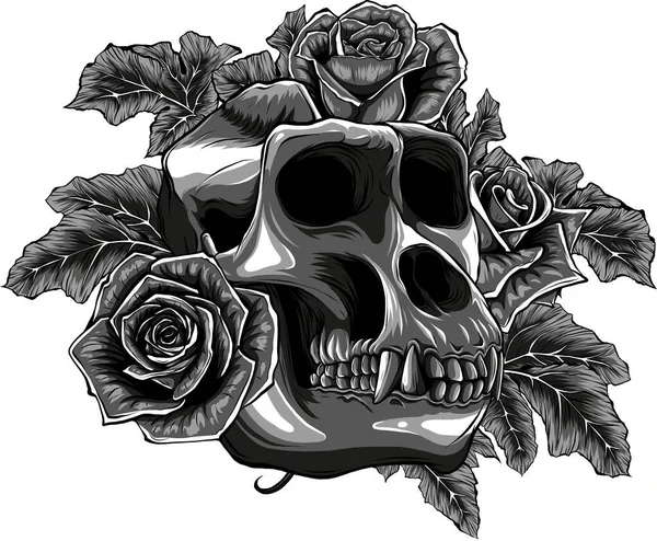 Ilustración Cráneo Mono Con Rosas — Vector de stock