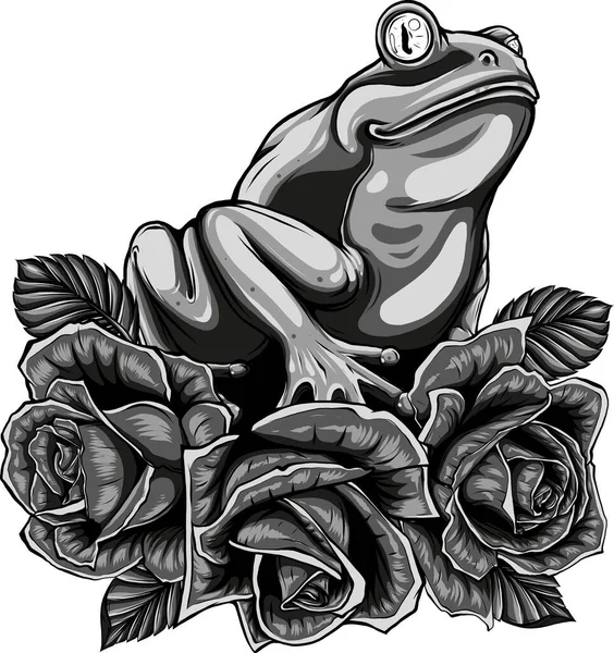 红色玫瑰上的青蛙 叶图案白色背景 — 图库矢量图片