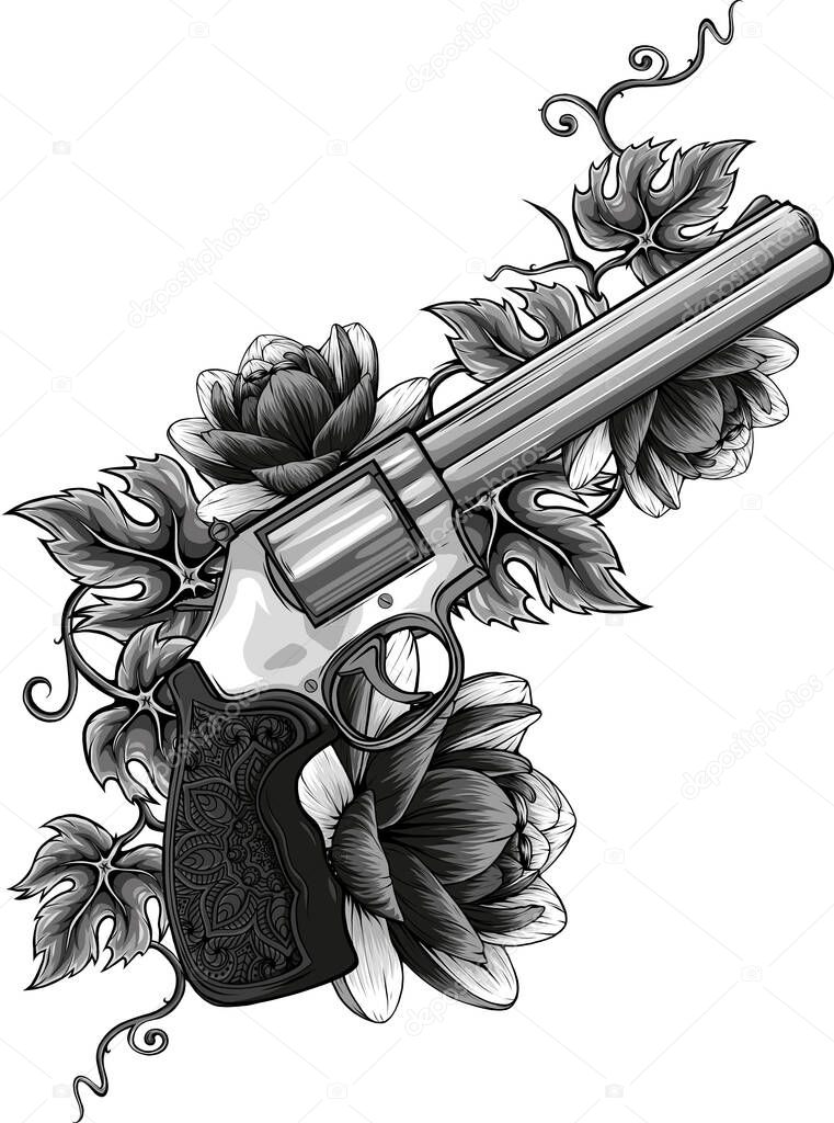 Revolver and flowers color vector illustration