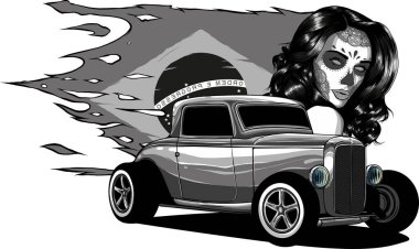 Kız ve Brezilya bayrağıyla özel yapım hot rod çizimi