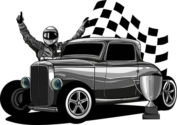 Επίπεδη Απεικόνιση Αγωνιστικό Αυτοκίνητο Και Racer — Διανυσματικό Αρχείο