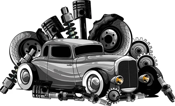 Коллекция Компонентов Старинных Автомобилей Witn Автомобильный Двигатель Поршневой Руль Рулевое — стоковый вектор