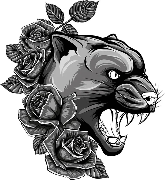 Illustration Tête Puma Avec Des Roses — Image vectorielle