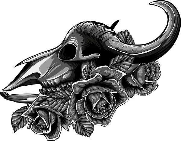 Ilustración Cráneo Toro Con Rosas — Vector de stock