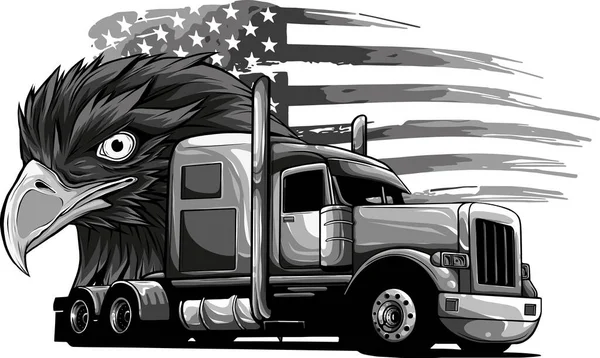 Ilustração Semi Caminhão Com Bandeira Americana Cabeça Águia — Vetor de Stock