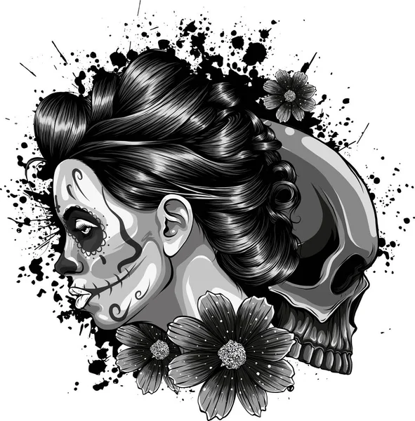 Ilustração Menina Morta Com Crânio — Vetor de Stock
