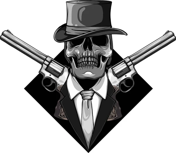 Скелетний Гангстер Револьверами Костюмі — стоковий вектор