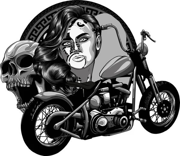 矢量幻象老式切割机摩托车和玫瑰海报 — 图库矢量图片