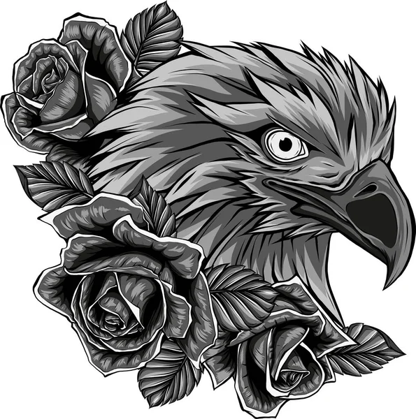 Illustration Head Eagle Red Roses - Stok Vektor