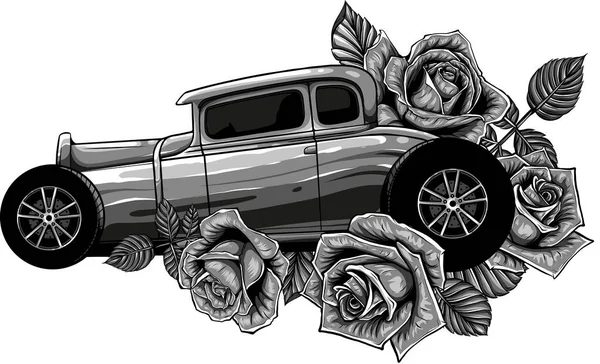 Stock vector illustration of hot rod car with roses