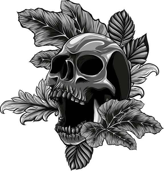 頭蓋骨と葉の白い背景のイラスト — ストックベクタ