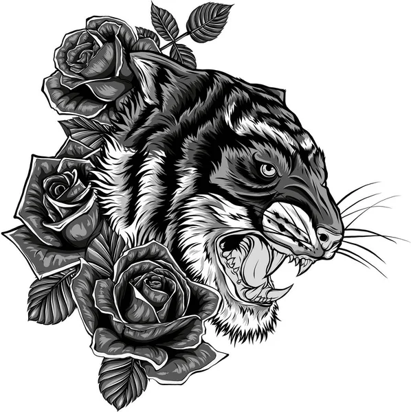 Ilustracja Głowy Tygrysa Różą — Wektor stockowy