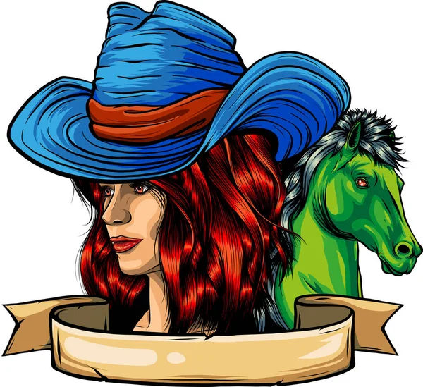 Cowboy Fille Visage Avec Chapeau — Image vectorielle