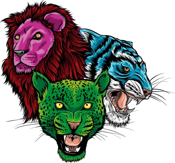 Conjunto Cabeças Animais Selvagens Leão Tigre Jaguar —  Vetores de Stock