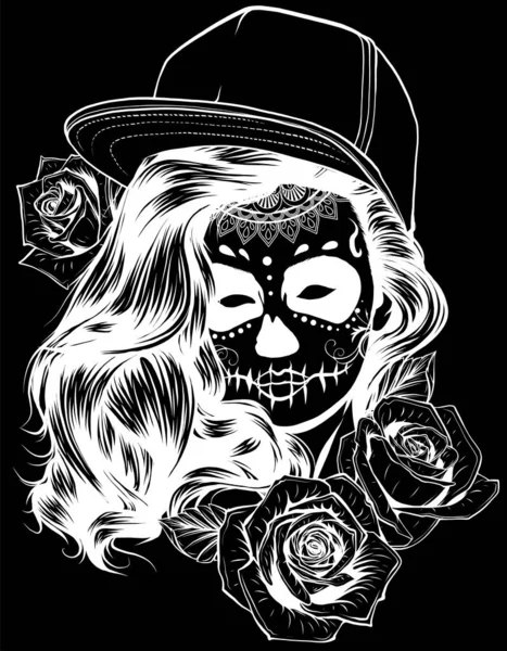 Crânio Rosas Dia Dos Mortos Crânio Colorido Com Ornamento Halloween — Vetor de Stock