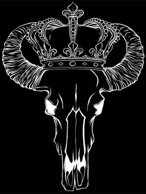 Elle çizilmiş elmaslarla süslenmiş taç takan bir boğa kafatasının vektör çizimi