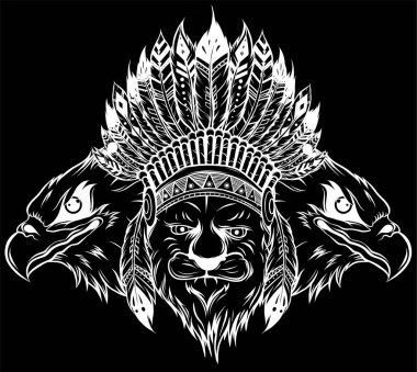 Kızılderili hamamböceğindeki aslan vektörü. Kartalın Hint tüyü başlığı