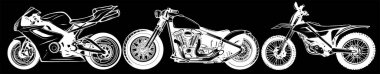 Büyük izole edilmiş renkli motosiklet vektörü simgeleri seti, çeşitli motosikletlerin düz çizimleri.