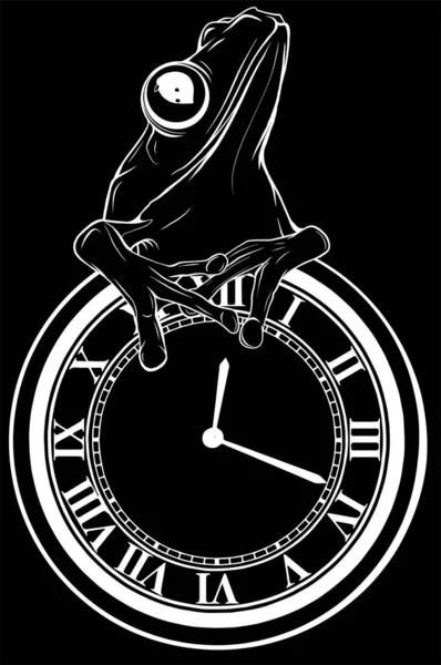 黒い背景に孤立したカエル時計のイラスト — ストックベクタ