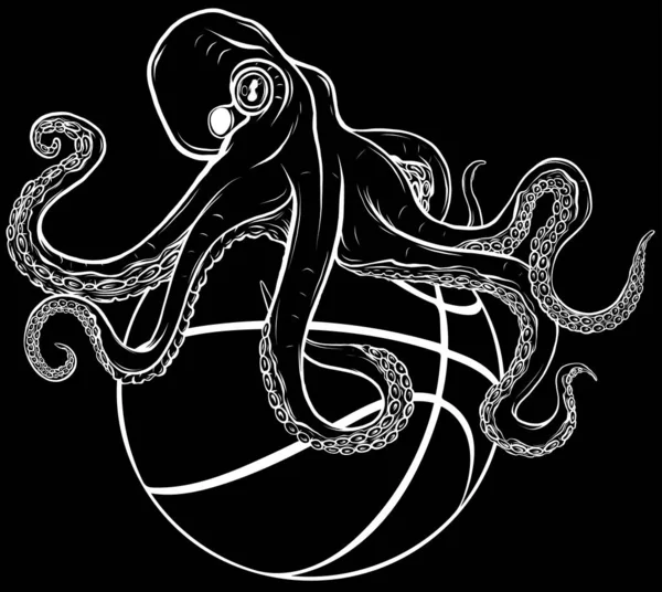 Vector Sport Logo Kraken Octopus Head Illustration Basketball Ball Shield — 图库矢量图片