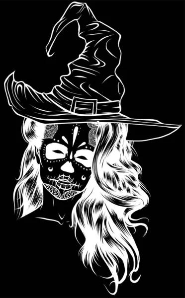 头戴经典帽子头发的漂亮女巫 — 图库矢量图片