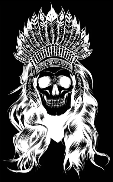 Die Karikatur Des Gruseligen Silbernen Totenkopfes Mit Indianerhut Als Maskottchen — Stockvektor
