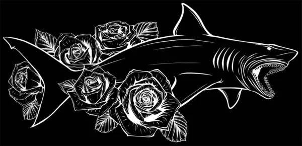 Žralok Ilustrací Růže — Stockový vektor