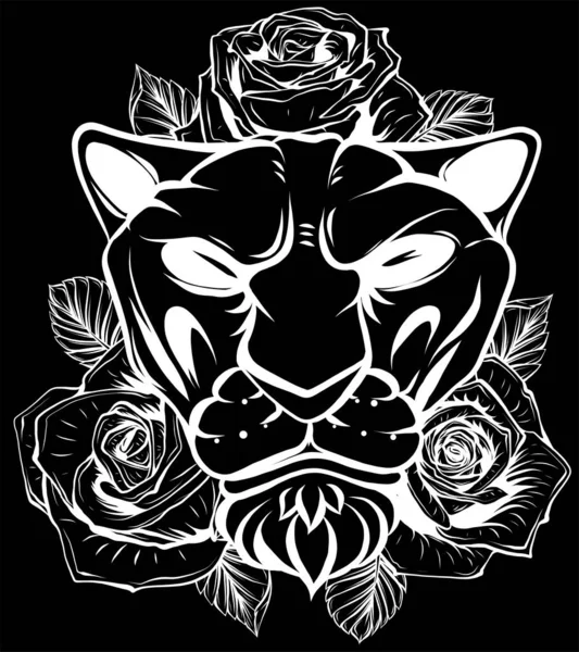 Lion Avec Des Roses Des Feuilles Illustration Tête Lion Africain — Image vectorielle