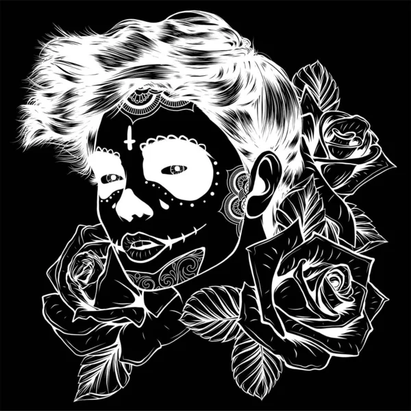 Девушка Розами Цветок Сахара Черепа — стоковый вектор