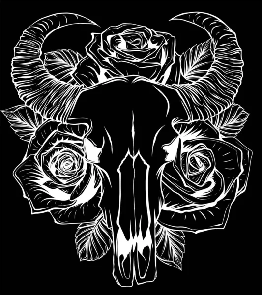 Cráneo Toro Con Rosas Cabeza Con Plumas Colgando Los Cuernos — Vector de stock