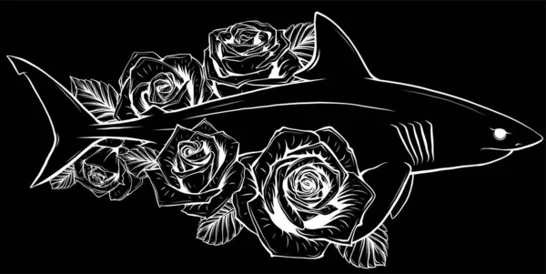 バラの花のベクトル図とサメ — ストックベクタ