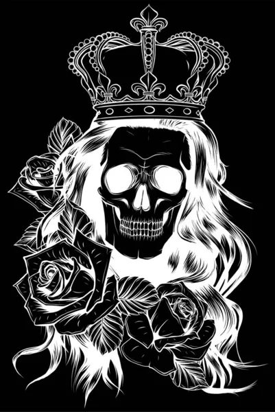 Die Königin Schädel Mit Krone Und Rosen Blumenvektor — Stockvektor