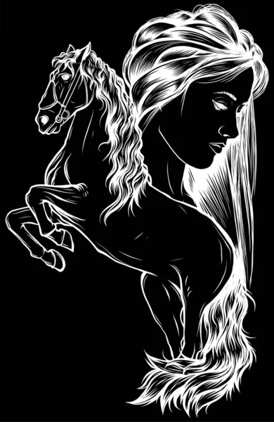 Sketch Kobieta Koń Młoda Kobieta Pieści Konia Piękno Koniem — Wektor stockowy