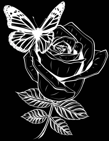 红玫瑰上蝴蝶在黑色背景上的矢量图解 数码手绘 — 图库矢量图片